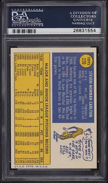 1970 Topps Steve Carlton baseball card #220 graded PSA 9 back side