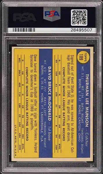 1970 Topps Thurman Munson ROOKIE RC baseball card #189 graded PSA 9 back side