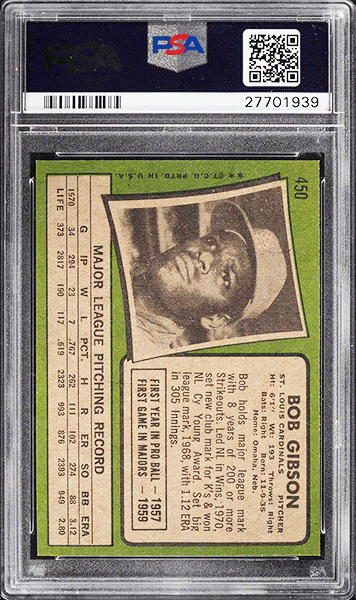 1971 Topps Bob Gibson baseball card #450 graded PSA 9 back side