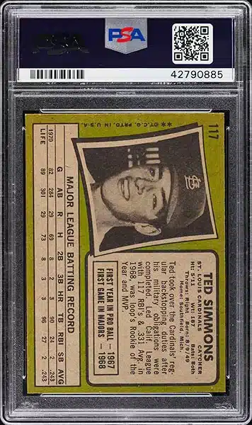1971 Topps Ted Simmons #117 PSA 8 back side