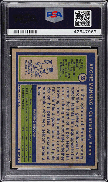 1972-Topps-Football-Archie-Manning-ROOKIE-#55-PSA-9 back side
