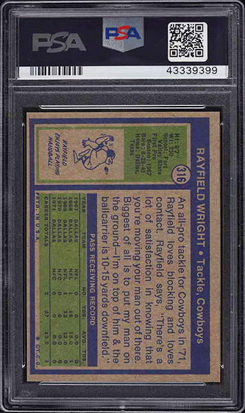 1972-Topps-Football-Rayfield-Wright-ROOKIE-RC-#316-PSA-9 back side