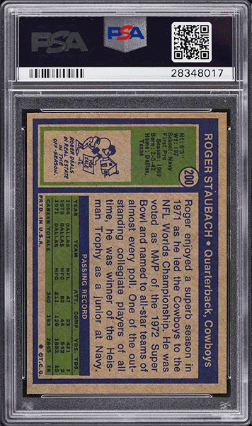 1972 Topps Football Roger Staubach ROOKIE RC #200 PSA 9 back side