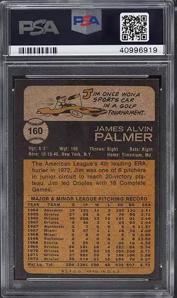 1973 Topps Jim Palmer #160 PSA 9  back side