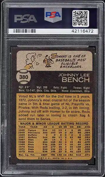 1973 Topps Johnny Bench #380 PSA 9 back side