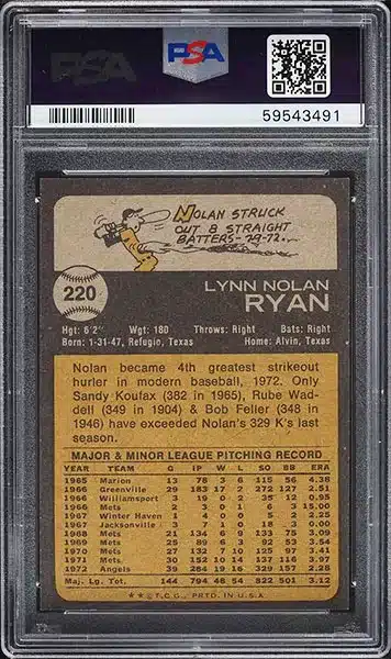 1973 Topps Nolan Ryan #220 PSA 9 back side