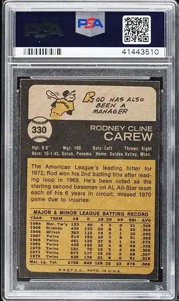 1973 Topps Rod Carew #330 PSA 9 back side