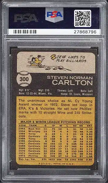 1973 Topps Steve Carlton #300 PSA 9 back side
