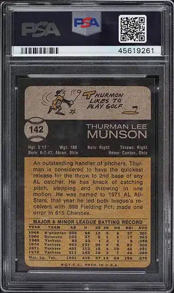 1973 Topps Thurman Munson #142 PSA 9 back side