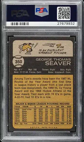 1973 Topps Tom Seaver #350 PSA 9 back side