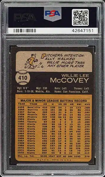 1973 Topps Willie McCovey #410 PSA 9 back side