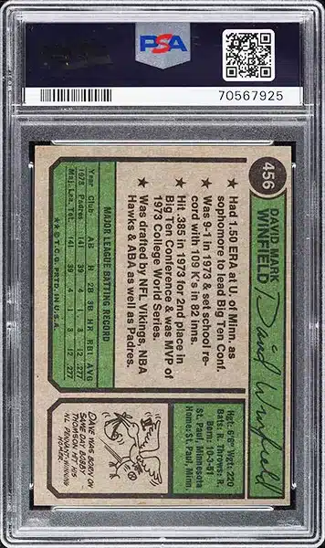 1974 Topps Dave Winfield ROOKIE #456 PSA 9 back side