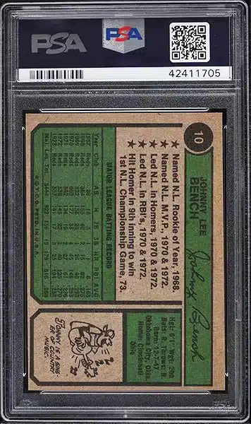1974 Topps Johnny Bench baseball card #10 PSA 9 back side