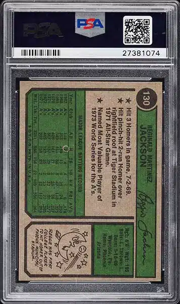 1974 Topps Reggie Jackson baseball card #130 PSA 9 back side