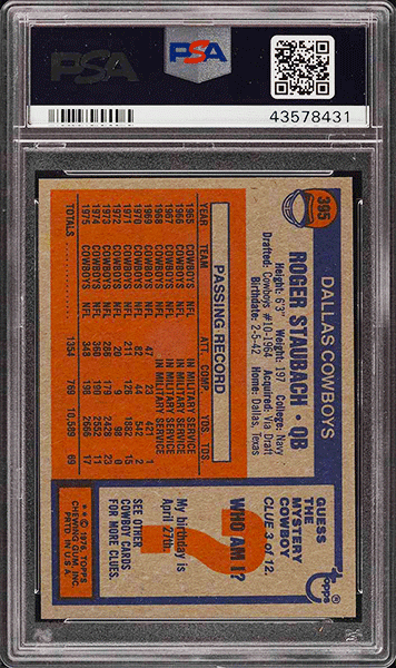 1976 Topps Football Roger Staubach football card #395 graded PSA 10 back side