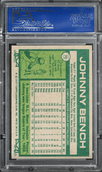 1977 Topps Johnny Bench #70 PSA 9 back side