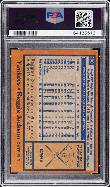 1978 Topps Reggie Jackson baseball card #200 graded PSA 9 back side