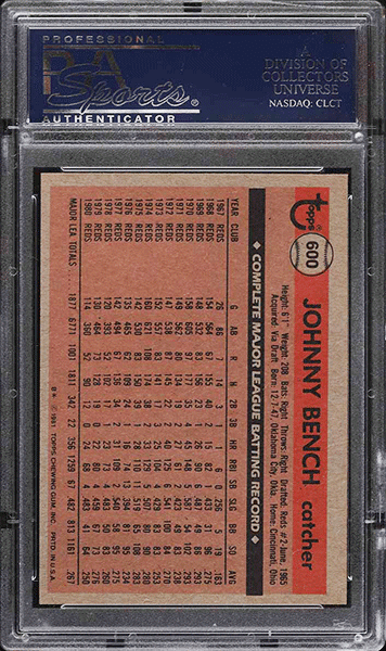 1981 Topps Johnny Bench #600 PSA 9 back side