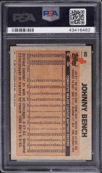 1983 Topps Johnny Bench #60 PSA 10 back side