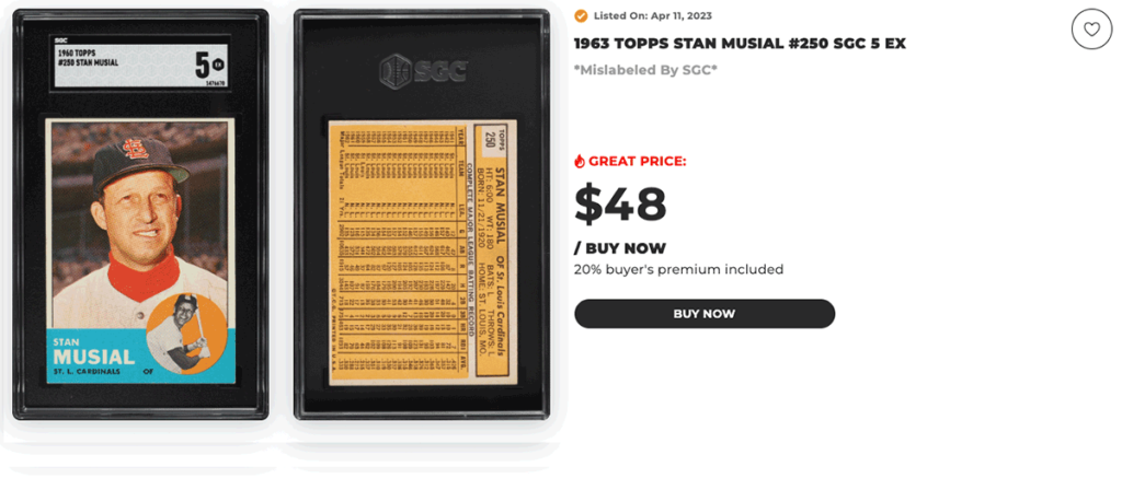 1963 Topps Stan Musial #250 graded SGC 5 on PWCC Marketplace