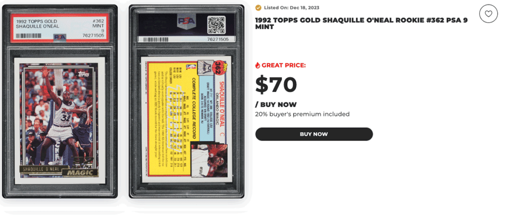 1992 Topps Gold Shaquille O'Neal rookie card graded PSA 9 on PWCC Marketplace