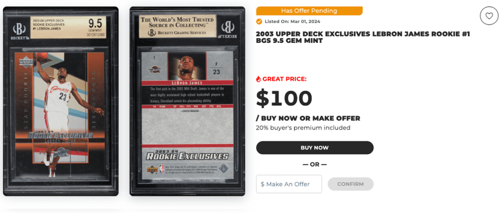 2003 Upper Deck LeBron James Rookie Exclusives graded BGS 9.5 on PWCC Marketplace